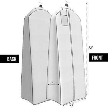 Your Bags Wedding Dress Garment Bag - Garment Bags for Travel & Hanging Clothes or Storage Preservation - 72" Wedding Dress Bag for Gowns Long with 20" Gusset for Puffy Bridal Gowns Cover -White/Grey