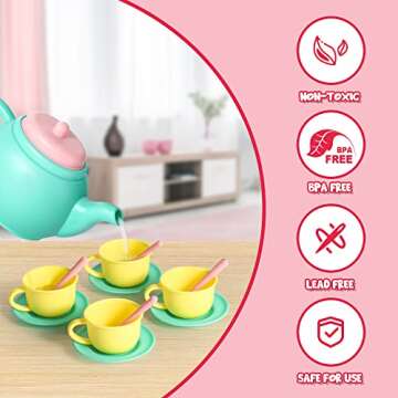 JOYIN 18PCS Pretend Play Tea Party Set Play Food Accessories BPA Free, Phthalates Free, Plastic Tea Set, Mini Kitchen for Kids, Gifts for Toddler Boys Girls Ages 3,4,5,6 Years Old