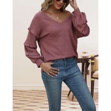 Cnlinkco Womens Fall Boho Tops Fashion Off Shoulder Waffle Knit Ruffle Long Sleeve Blouses Cute Plain V Neck Loose Fit Pink M Black of Friday Deals 2024