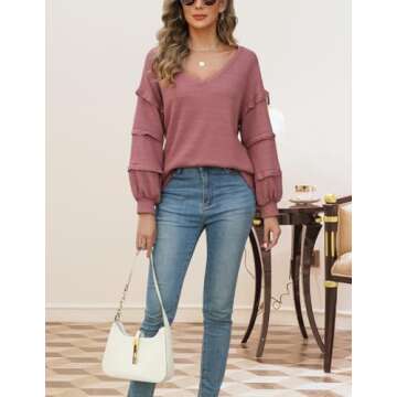 Cnlinkco Womens Fall Boho Tops Fashion Off Shoulder Waffle Knit Ruffle Long Sleeve Blouses Cute Plain V Neck Loose Fit Pink M Black of Friday Deals 2024