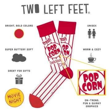 TWO LEFT FEET unisex adult Movie Night Casual Sock, Movie Night, Medium-Large US