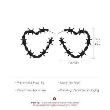 Gothic Barbed Wire Love Heart Drop Dangle Earrings Chunky Big Flower Hoop Metal Thorns for Women Goth Punk Large Hip Hop Party Jewelry-Black B