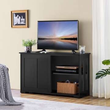 Yaheetech TV Stand, Wooden Storage Console Table with Sliding Door and Adjustable Shelf, Free Standing Cabinet for TV up to 45 Inch, Media Entertainment Center Home Living Room Furniture, Black