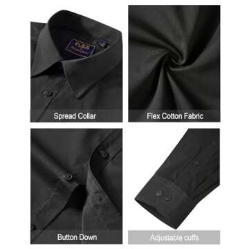 J.VER Men's Dress Shirts Cotton Stretch Long Sleeve Solid Formal Shirt Business Stain Shield Casual Button Down Shirts Black Small