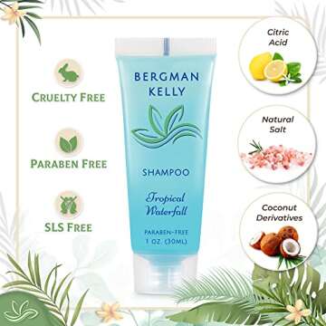 BERGMAN KELLY Travel Size Hotel Shampoo (1 fl oz, 100 PK, Tropical Waterfall), Delight Your Guests with Invigorating and Refreshing Shampoo Hotel Amenities, Mini & Small Size Luxury Shampoo in Bulk