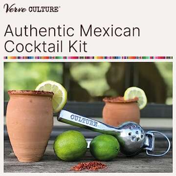 Cantaritos de Barro Cocktail Kit by Verve CULTURE | Traditional Mexican Clay Cups | Artisanal Cups for Cold or Hot Drinks | Set of 2 Cups, Hand Juicer, Chili Salt & Straws