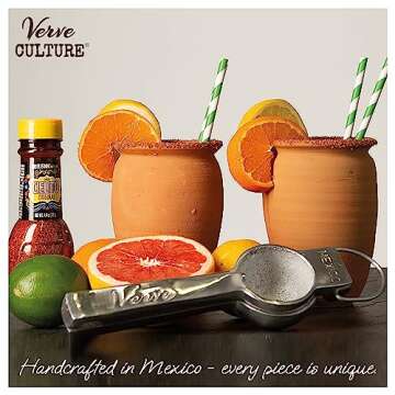 Cantaritos de Barro Cocktail Kit by Verve CULTURE | Traditional Mexican Clay Cups | Artisanal Cups for Cold or Hot Drinks | Set of 2 Cups, Hand Juicer, Chili Salt & Straws