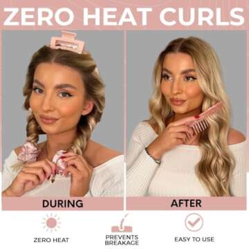 Lily England Heatless Hair Curlers to Sleep In - No Heat Curling Gift Set Includes Satin Headband, Hair Clip, Comb & 2 Scrunchies - Sleek & Smooth Overnight Curls (Peach, 6 Pack)