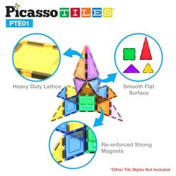 PicassoTiles Magnetic Building Block Set Equilateral Triangle Magnet Tiles Construction Toy STEM Learning Kit Educational Playboards Pretend Play Stacking Blocks Child Brain Development PTE01