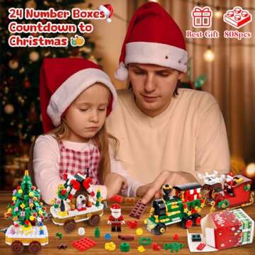 Advent Calendar 2024 Christmas Train Building Blocks Set, 24 Boxs Surprise Christmas Countdown Toy Building Kits,Christmas Train with LED Light,Thanksgiving Christmas Gifts for Kids Adults