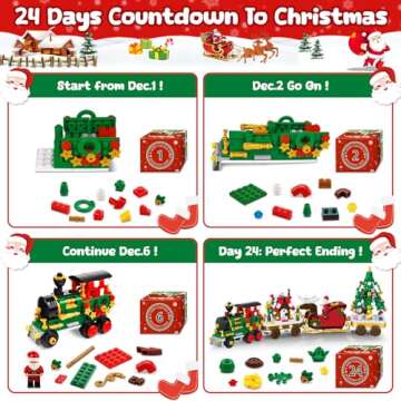 Advent Calendar 2024 Christmas Train Building Blocks Set, 24 Boxs Surprise Christmas Countdown Toy Building Kits,Christmas Train with LED Light,Thanksgiving Christmas Gifts for Kids Adults