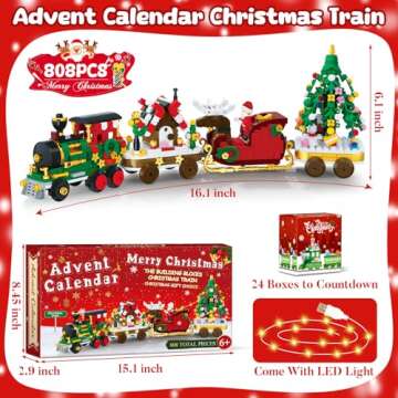 Advent Calendar 2024 Christmas Train Building Blocks Set, 24 Boxs Surprise Christmas Countdown Toy Building Kits,Christmas Train with LED Light,Thanksgiving Christmas Gifts for Kids Adults