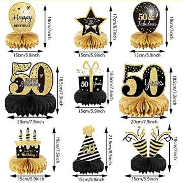 9 Pieces 50th Birthday Decoration 50th Birthday Centerpieces for Tables Decorations Cheers to 50 Years Honeycomb Table Topper for Men and Women Fifty Years Birthday Party Decoration Supplies(50th)