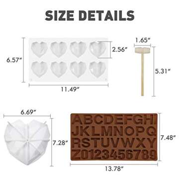 Heart mold, silicone molds for hot chocolate bomb, 8 Cavities Non-stick 3D Small Diamond shape Cake Pan, Letter Number Shaped Mold with 2 Wooden Hammers for Mousse Dessert Biscuit DIY Baking Tools