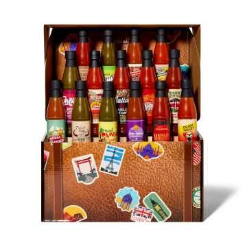 Thoughtfully Gourmet, World Traveler Suitcase Hot Sauce Gift Set, Vegan and Vegetarian, Flavors Like Cowboy Bacon, Italian Garlic, and More, Set of 15