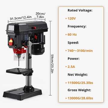 Benchtop Drill Press, 2.5Amp Bench Drilling Machine with 5-Speed Adjustable, 8 Inch Swing Distance 0-45° Tiltling Tabletop Drilling Machine for Wood, Metal