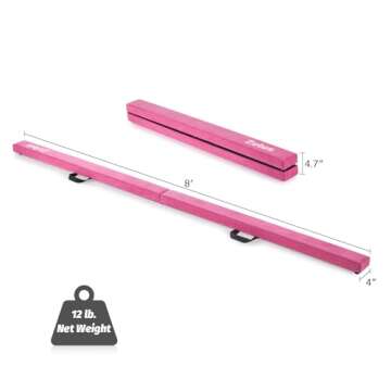 ZELUS 8' Folding Gymnastics Balance Beam, Floor Balance Beam w/Carry Handles Anti-Slip Base, Beginners & Professional Gymnasts (8 ft, Pink)