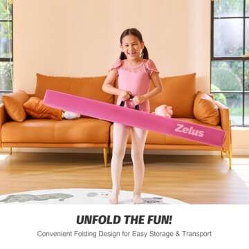 ZELUS 8' Folding Gymnastics Balance Beam, Floor Balance Beam w/Carry Handles Anti-Slip Base, Beginners & Professional Gymnasts (8 ft, Pink)