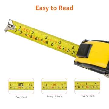 Amazon Basics Self-Locking Tape Measure, 33-Feet (10-Meters), Inch/Metric Scale, MID Accuracy, Black, Yellow