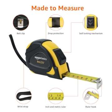 Amazon Basics Self-Locking Tape Measure, 33-Feet (10-Meters), Inch/Metric Scale, MID Accuracy, Black, Yellow