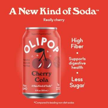 OLIPOP Prebiotic Soda Pop, Cherry Cola, Pantry Pack Packed with Prebiotics, Fiber, and Botanicals, Gluten Free, Vegan, GMO Free, 12oz (12-Cans)