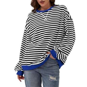 Generic Womens Clothing Trendy 2024, Womens Crewneck Oversized Sweatshirt Casual Striped Long Sleeve Pullover Tops Spring Fashion 2024 Outfits Y2k Clothes, Women Resort Wear 2024, White,S, Small