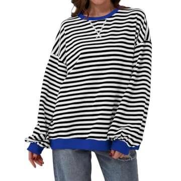 Generic Womens Clothing Trendy 2024, Womens Crewneck Oversized Sweatshirt Casual Striped Long Sleeve Pullover Tops Spring Fashion 2024 Outfits Y2k Clothes, Women Resort Wear 2024, White,S, Small