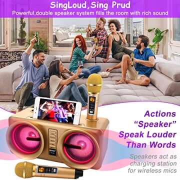 ALPOWL Karaoke Machine for Kids Adults, Portable Bluetooth Speaker with 2 UHF Wireless Microphone for Home Party, Wedding, Church, Picnic, Outdoor/Indoor (Gold II)