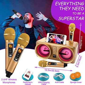 ALPOWL Karaoke Machine for Kids Adults, Portable Bluetooth Speaker with 2 UHF Wireless Microphone for Home Party, Wedding, Church, Picnic, Outdoor/Indoor (Gold II)