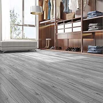 FunStick 6"x36" 30 Sheets Peel and Stick Floor Tile Waterproof Grey Wood Look Vinyl Flooring Planks Peel and Stick Wood Planks for Walls Sticky Tiles for Floor Bathroom Kitchen RV Laminate Flooring