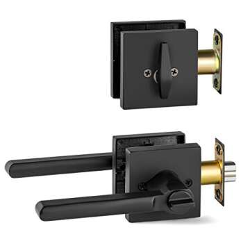 Berlin Modisch Entry Lever Door Handle and Single Cylinder Deadbolt Lock and Key Slim Square Locking Lever Handle Set [Front Door or Office] Right & Left Sided Doors Heavy Duty – Iron Black Finish