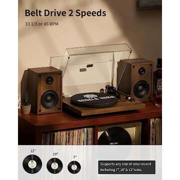 ANGELS HORN Vinyl Record Player, Hi-Fi System Bluetooth Turntable Players with Stereo Bookshelf Speakers, Built-in Phono Preamp, Belt Drive 2-Speed, Adjustable Counterweight, AT-3600L