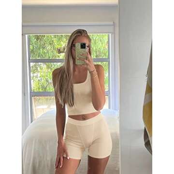 AYWA Casual Workout Sets Two Piece Outfits for Women Ribbed Crop Tank Top High Waist Leggings Active Wear (Beige-shorts, Small)