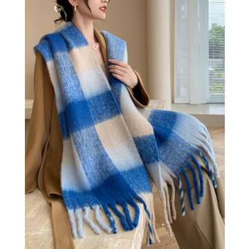 Wander Agio Winter Women Warm Scarf Long Shawl Large Scarves Cold Weather Thick Blanket Scarfs Colorful Plaid Khaki Blue 3