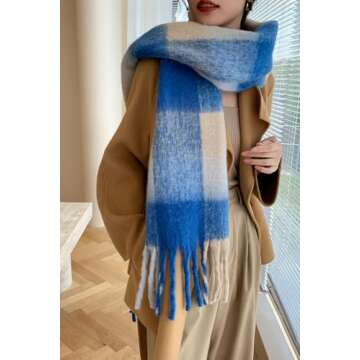 Wander Agio Winter Women Warm Scarf Long Shawl Large Scarves Cold Weather Thick Blanket Scarfs Colorful Plaid Khaki Blue 3