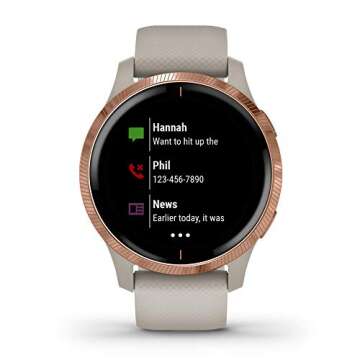 Garmin Venu, GPS Smartwatch with Bright Touchscreen Display, Features Music, Body Energy Monitoring, Animated Workouts, Pulse Ox Sensor and More, Rose Gold with Tan Band