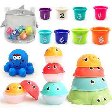 MoraBaby Baby Bath Stacking Toys with Organizer Bag, 8 Stacking Cup Toys, 4 Stack Up Squirts Animal Balls and 1 Floating Blue Octopus, Bath Time Fun Splash Toys, Gifts for Toddler 1-3 Years