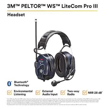 3M PELTOR WS LiteCom PRO III Headset, Headband, Professional Grade Durability, Wireless Two-Way Communication Radio, Bluetooth, Boom Microphone, Navy Blue, MT73H7A4D10N