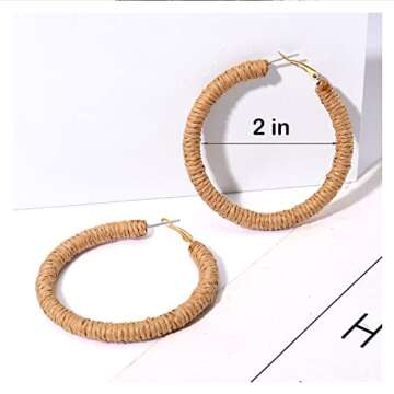 FAERLIIRY Zinc Rattan Hoop Earring, Brown - Handwoven Wicker Boho Earrings for Women, Big Circle Dangle Earrings, Ideal Gift for Wedding or Any Special Occasions