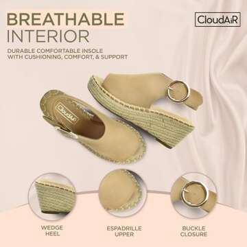 CLOUDAIR Women's Selina Espadrille Wedge Sandals - Comfortable and Stylish Platform Shoes with Buckle Closure for Everyday Wear, Sand, 4.5 UK