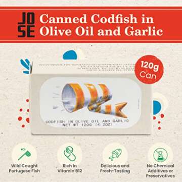 Codfish in Olive Oil and Garlic by Jose Gourmet, Wild Caught Portuguese Codfish, Canned Cod in Olive Oil, Omega 3, Fair Trade, 125g Can, Pack of 8