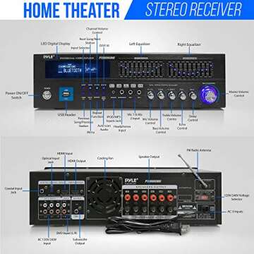 Pyle Bluetooth Hybrid Home Amplifier - 6-Channel 2000W Home Audio Rack Mount Stereo Power Amplifier Receiver w/ Radio, USB/AUX/RCA/Mic, Optical/Coaxial, AC-3, DVD Inputs, Dual 10 Band EQ