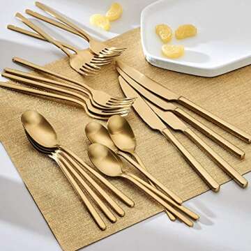 20 Piece Matte Gold Silverware Set, Ornative Jayden Flatware Service for 4, Includes Knives, Forks, Spoons, Food Grade Stainless Steel Utensil Set for Home Kitchen Restaurant, Dishwasher Safe