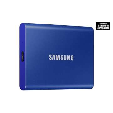 SAMSUNG T7 Portable SSD, 1TB External Solid State Drive, Speeds Up to 1,050MB/s, USB 3.2 Gen 2, Reliable Storage for Gaming, Students, Professionals, MU-PC1T0H/AM, Blue