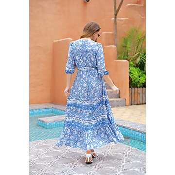 HECCPLI Women 3/4 Sleeves Front Buttons Floral Print Casual Bohemian Maxi Dresses