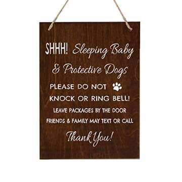 LifeSong Milestones Sleeping Baby Protective Puppies Baltic Birch Rope Hanging Sign for Front Door - Do Not Knock or Ring Doorbell - Quiet Entry for House New Home Decor - 8x10 (Walnut)