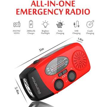 iRonsnow Solar Emergency Hand Crank Weather Radio, Portable Self Powered NOAA AM/FM Radios with SOS Alarm LED Flashlight 2000mAh Power Bank Smart Phone USB Charger for Camping (Red)