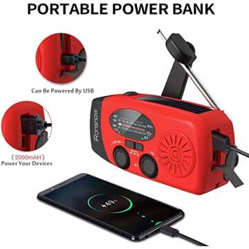 iRonsnow Solar Emergency Hand Crank Weather Radio, Portable Self Powered NOAA AM/FM Radios with SOS Alarm LED Flashlight 2000mAh Power Bank Smart Phone USB Charger for Camping (Red)