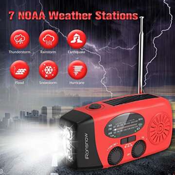 iRonsnow Solar Emergency Hand Crank Weather Radio, Portable Self Powered NOAA AM/FM Radios with SOS Alarm LED Flashlight 2000mAh Power Bank Smart Phone USB Charger for Camping (Red)