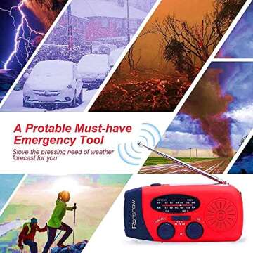 iRonsnow Solar Emergency Hand Crank Weather Radio, Portable Self Powered NOAA AM/FM Radios with SOS Alarm LED Flashlight 2000mAh Power Bank Smart Phone USB Charger for Camping (Red)